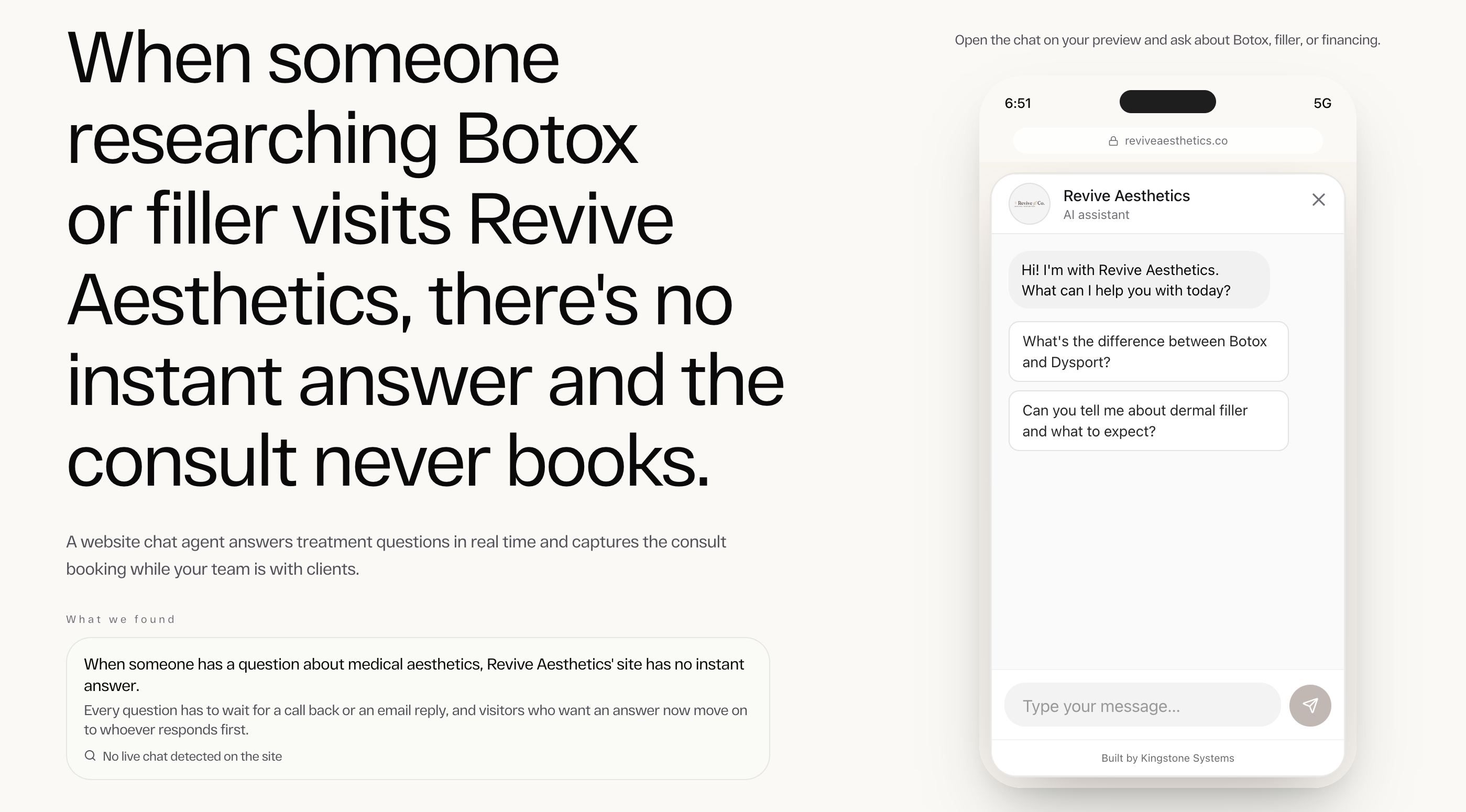 A personalized Revive Aesthetics demo showing a website opportunity analysis beside a live chat answering questions about Botox and filler